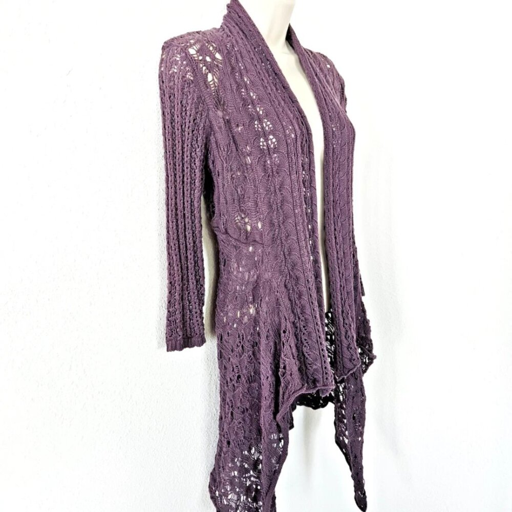 Cabi Crochet Cardigan Sweater XS Dusty Purple Open Knit Waterfall Cotton Boho